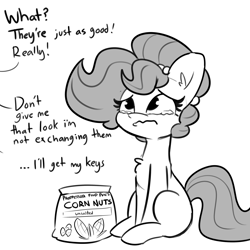 Size: 3000x3000 | Tagged: safe, artist:tjpones, derpibooru import, oc, oc only, oc:brownie bun, earth pony, pony, about to cry, black and white, corn nuts, cute, female, grayscale, mare, monochrome, ocbetes, offscreen character, pouting, sad, simple background, sitting, solo, teary eyes, wavy mouth, white background