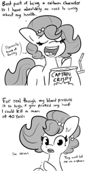 Size: 3000x6000 | Tagged: safe, artist:tjpones, derpibooru import, oc, oc only, oc:brownie bun, earth pony, pony, 2 panel comic, black and white, breaking the fourth wall, comic, drink, eating, female, food, grayscale, high blood pressure, impossibly high blood pressure, mare, monochrome, needle, open mouth, simple background, solo, white background