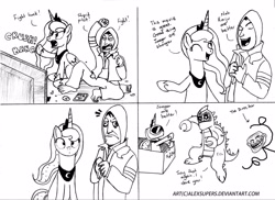 Size: 2048x1491 | Tagged: safe, artist:alexsupers, derpibooru import, princess luna, oc, alicorn, human, pony, clothes, collar, comic, costume, crown, digital art, eyes closed, horn, jewelry, meme, monochrome, open mouth, pacific rim, regalia, tail, television, text, trollface, wings