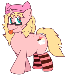 Size: 775x899 | Tagged: safe, artist:jario, derpibooru exclusive, derpibooru import, oc, oc only, oc:mille feuille, pony, unicorn, :p, back freckles, beanie, butt freckles, chubby, clothes, digital art, female, food, freckles, glasses, hat, ice cream, looking at you, mare, simple background, smiling, socks, solo, striped socks, tongue, tongue out, transparent background