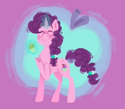 Size: 1811x1586 | Tagged: safe, artist:crypticcervine, derpibooru import, sugar belle, pony, unicorn, abstract background, apple, blushing, cupcake, eating, eyes closed, female, food, magic, mare, raised hoof, raised leg, solo, telekinesis