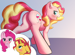 Size: 3231x2363 | Tagged: safe, artist:shaliwolf, derpibooru import, pinkie pie, sunset shimmer, oc, oc:sunbutter cookies, earth pony, pony, unicorn, blushing, butt, commissioner:bigonionbean, cutie mark, female, flank, flustered, fusion, fusion:sunbutter cookies, mare, plot, sultry pose, teasing, thought bubble, upset, writer:bigonionbean