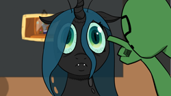 Size: 1920x1080 | Tagged: safe, artist:sodapop200, derpibooru import, queen chrysalis, oc, oc:anon, changeling, human, robot, closed mouth, ears, eyes open, fangs, floppy ears, frown, horn, mouth closed, photo, poking, robot changeling, transparent, transparent mane, wide eyes