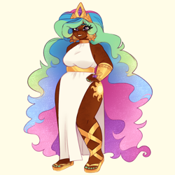 Size: 2480x2480 | Tagged: safe, artist:pandemiamichi, derpibooru import, princess celestia, human, clothes, dark skin, dress, humanized, side slit, simple background, solo