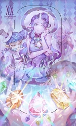 Size: 650x1081 | Tagged: safe, artist:animesoul, derpibooru import, hoity toity, maud pie, rarity, sapphire shores, human, unicorn, :o, abstract background, clothes, color porn, colored pupils, elf ears, eyeshadow, female, gem, glasses, gloves, hat, horn, horned humanization, human coloration, humanized, jewelry, makeup, male, offscreen character, open mouth, pondering, pov, purse, ring, sparkles, spectacles, tarot card, thinking, wingding eyes