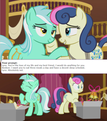 Size: 795x897 | Tagged: safe, derpibooru import, edit, edited screencap, screencap, bon bon, lyra heartstrings, sweetie drops, slice of life (episode), caption, female, image macro, incorrect quotes generator, lesbian, lyrabon, shipping, text