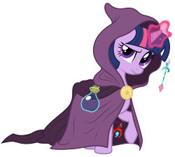 Size: 1496x1343 | Tagged: safe, artist:facelessjr, derpibooru import, twilight sparkle, unicorn twilight, pony, unicorn, cloak, clothes, crossover, female, flask, frown, magic, mare, medallion, noita, raised eyebrow, raised hoof, raised leg, vector, wand