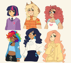 Size: 1797x1596 | Tagged: safe, artist:pandemiamichi, derpibooru import, applejack, fluttershy, pinkie pie, rainbow dash, rarity, twilight sparkle, human, clothes, dark skin, diversity, humanized, mane six, sweater