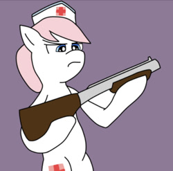 Size: 479x473 | Tagged: safe, artist:lou3797, derpibooru import, edit, nurse redheart, earth pony, pony, bipedal, female, gun, hat, nurse hat, purple background, shotgun, simple background, solo, weapon