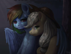 Size: 1920x1469 | Tagged: safe, artist:hirichie, derpibooru import, applejack, rainbow dash, earth pony, pegasus, pony, appledash, dark, female, hug, lesbian, mare, night, shipping, winghug, wings