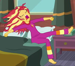 Size: 644x567 | Tagged: safe, derpibooru import, screencap, sunset shimmer, eqg summertime shorts, equestria girls, monday blues, barefoot, clothes, cropped, feet, pajamas, solo, yawn