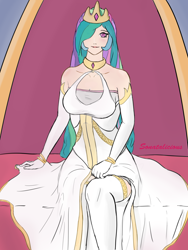 Size: 3000x4000 | Tagged: safe, artist:sonatalicious, derpibooru import, princess celestia, human, breasts, clothes, crown, dress, female, hair over one eye, high res, humanized, jewelry, princess breastia, regalia, solo, throne