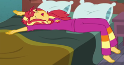 Size: 686x362 | Tagged: safe, derpibooru import, screencap, sunset shimmer, eqg summertime shorts, equestria girls, monday blues, barefoot, clothes, cropped, feet, pajamas, solo