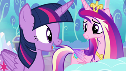 Size: 1280x720 | Tagged: safe, derpibooru import, screencap, princess cadance, twilight sparkle, twilight sparkle (alicorn), alicorn, pony, the crystalling, duo, duo female, female, messy mane, messy tail, open mouth, sisters-in-law