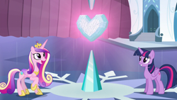 Size: 1280x720 | Tagged: safe, derpibooru import, screencap, princess cadance, twilight sparkle, twilight sparkle (alicorn), alicorn, pony, the crystalling, crystal empire, crystal heart, duo, duo female, female, glow, looking up, open mouth, sisters-in-law, teeth