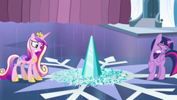 Size: 1280x720 | Tagged: safe, derpibooru import, screencap, princess cadance, twilight sparkle, twilight sparkle (alicorn), alicorn, pony, the crystalling, broken, crystal empire, crystal heart, duo, duo female, eyes closed, female, gritted teeth, shattered, sisters-in-law, teeth