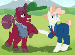Size: 2000x1463 | Tagged: safe, derpibooru import, svengallop, oc, oc:velveteen, earth pony, pony, canon x oc, couple, field, gay, male, show accurate, stallion