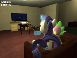 Size: 2048x1536 | Tagged: safe, artist:gradiusfanatic, derpibooru import, rarity, spike, dragon, unicorn, 3d, female, gmod, life force, male, nintendo entertainment system, playing, shipping, sparity, straight, video game