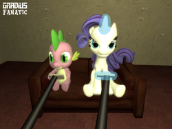 Size: 2048x1536 | Tagged: safe, artist:gradiusfanatic, derpibooru import, rarity, spike, dragon, unicorn, 3d, female, gmod, life force, male, nintendo entertainment system, playing, shipping, sparity, straight, video game