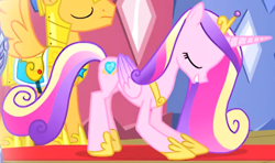 Size: 1404x833 | Tagged: safe, derpibooru import, screencap, flash sentry, princess cadance, alicorn, pony, three's a crowd, bowing, eyes closed, female, grin, smiling