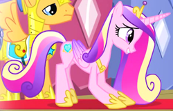 Size: 1292x833 | Tagged: safe, derpibooru import, screencap, flash sentry, princess cadance, alicorn, pony, three's a crowd, bowing, female, grin, smiling, solo