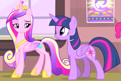 Size: 1750x1169 | Tagged: safe, derpibooru import, screencap, princess cadance, twilight sparkle, twilight sparkle (alicorn), alicorn, pony, three's a crowd, cropped, duo, female, looking back, mare, raised eyebrow, raised hoof, raised leg, sisters-in-law, smiling, walking