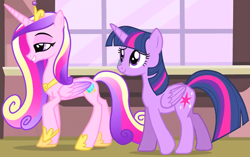 Size: 1858x1169 | Tagged: safe, derpibooru import, screencap, princess cadance, twilight sparkle, twilight sparkle (alicorn), alicorn, pony, three's a crowd, cropped, duo, female, lidded eyes, mare, palindrome get, raised hoof, raised leg, sisters-in-law, smiling, walking