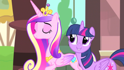 Size: 1920x1080 | Tagged: safe, derpibooru import, screencap, princess cadance, twilight sparkle, twilight sparkle (alicorn), alicorn, pony, three's a crowd, cropped, duo, eyes closed, female, lidded eyes, mare, raised hoof, raised leg, sisters-in-law, smiling, walking