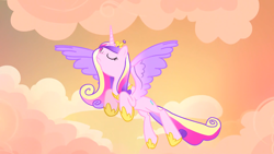 Size: 1920x1080 | Tagged: safe, derpibooru import, screencap, princess cadance, alicorn, pony, three's a crowd, beautiful, colored wings, eyes closed, female, flying, frown, hoof shoes, jewelry, majestic, mare, multicolored mane, multicolored wings, solo, spread wings, tiara