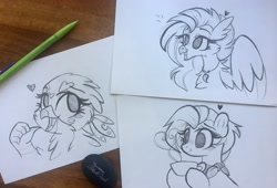 Size: 4028x2735 | Tagged: safe, artist:emberslament, derpibooru import, gabby, jasmine leaf, silverstream, earth pony, griffon, hippogriff, pony, cup, eraser, female, heart, hoof hold, jewelry, looking at you, mare, necklace, no pupils, pencil, pencil drawing, sketch, smiling, smiling at you, traditional art, wings