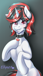 Size: 1980x3500 | Tagged: safe, artist:ellynet, derpibooru import, oc, oc only, oc:blackjack, pony, unicorn, fallout equestria, fallout equestria: project horizons, choker, eye clipping through hair, eyebrows visible through hair, fanfic art, female, lips, looking at you, mare, pecs, solo