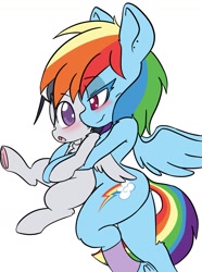 Size: 1459x1960 | Tagged: safe, artist:larrykitty, derpibooru import, rainbow dash, rumble, pegasus, pony, age difference, blushing, colt, female, looking at each other, male, mare, rumbledash, shipping, simple background, size difference, straight, white background