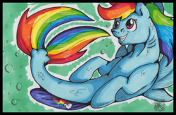 Size: 2013x1315 | Tagged: safe, artist:stormblaze-pegasus, derpibooru import, rainbow dash, pegasus, pony, seapony (g4), bubble, dorsal fin, female, fish tail, flowing mane, flowing tail, pencil drawing, pink eyes, seaponified, seapony rainbow dash, signature, smiling, solo, species swap, tail, teeth, traditional art, underwater, water, wings