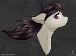 Size: 2682x1993 | Tagged: safe, artist:ezeronaa, artist:monsoonvisionz, derpibooru import, octavia melody, earth pony, pony, abstract background, black mane, bust, chest fluff, ear fluff, ears, female, floppy ears, flowing mane, gray coat, looking at you, mare, music notes, portrait, profile, purple eyes, smiling, smiling at you, solo, windswept mane