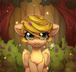 Size: 1697x1600 | Tagged: safe, artist:reterica, derpibooru import, oc, oc only, butterfly, pegasus, pony, bush, chest fluff, female, forest, looking at you, mare, scenery, sitting, smiling, smiling at you, solo, tree