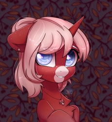 Size: 2282x2485 | Tagged: safe, artist:reterica, derpibooru import, oc, oc only, pony, unicorn, blind, bust, chest fluff, ear piercing, earring, eye clipping through hair, jewelry, necklace, piercing, smiling, solo