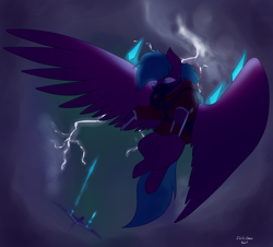 Size: 4418x4000 | Tagged: safe, artist:flashnoteart, derpibooru import, oc, pegasus, cloud, dogfight, fight, flying, harness, lightning, night, oxygen mask, oxygen tank, saddle, tack, thunder, thunderstorm, unnamed oc, weapon, wings