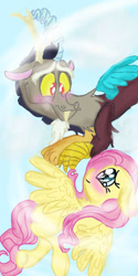 Size: 540x1080 | Tagged: safe, artist:cocolove2176, derpibooru import, discord, fluttershy, draconequus, pegasus, pony, blushing, discoshy, eyelashes, female, flying, looking at each other, male, mare, shipping, straight, wings