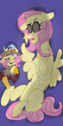 Size: 540x1080 | Tagged: safe, artist:cocolove2176, derpibooru import, discord, fluttershy, draconequus, pegasus, pony, blue background, clothes, costume, discoshy, female, fluttershy suit, laughing, male, mare, pony costume, shipping, simple background, smiling, straight, wings