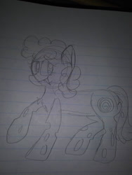Size: 780x1040 | Tagged: safe, artist:cocolove2176, derpibooru import, oc, oc only, changeling, changepony, hybrid, pony, changeling oc, gray background, interspecies offspring, lineart, lined paper, offspring, parent:oc:mothball, parent:screwball, parents:canon x oc, pencil drawing, raised hoof, raised leg, simple background, solo, traditional art