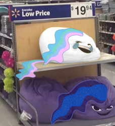 Size: 557x612 | Tagged: safe, artist:f0f0r3, derpibooru import, princess celestia, princess luna, crying, irl, laughing, market, meme, photo, photoshop, pillow, smile face, smiling, tears of joy, tears of laughter