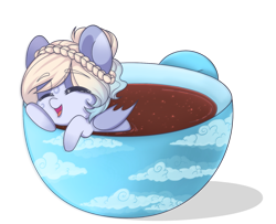 Size: 1753x1424 | Tagged: safe, artist:cloud-fly, derpibooru import, oc, oc only, bat pony, pony, commission, cup, eye clipping through hair, eyebrows visible through hair, eyes closed, female, mare, micro, simple background, smiling, solo, teacup, transparent background, ych result