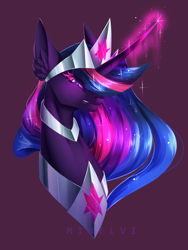 Size: 1656x2202 | Tagged: safe, artist:minelvi, derpibooru import, princess twilight 2.0, twilight sparkle, twilight sparkle (alicorn), alicorn, pony, unicorn, the last problem, bust, corrupted twilight sparkle, crown, element of magic, glowing horn, horn, jewelry, older, older twilight, peytral, queen twilight, regalia, signature, solo, tiara