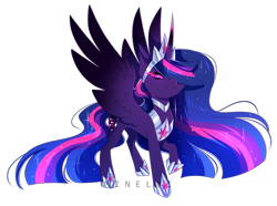 Size: 2499x1860 | Tagged: safe, artist:minelvi, derpibooru import, princess twilight 2.0, twilight sparkle, twilight sparkle (alicorn), alicorn, pony, the last problem, corrupted twilight sparkle, female, hoof shoes, horn, jewelry, mare, older, older twilight, peytral, queen twilight, raised hoof, raised leg, signature, simple background, solo, tiara, transparent background, wings