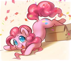 Size: 1520x1312 | Tagged: safe, artist:dimfann, artist:mirroredsea, derpibooru import, pinkie pie, earth pony, pony, behaving like a cat, box, cardboard box, colored, colored pupils, confetti, cute, daaaaaaaaaaaw, diapinkes, digital art, dock, face down ass up, female, high res, if i fits i sits, looking at you, mare, open mouth, ponk, pony in a box, smiling, solo, stray strand, sweet dreams fuel, weapons-grade cute