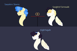 Size: 1280x854 | Tagged: safe, artist:itstechtock, derpibooru import, sapphire shores, songbird serenade, oc, oc:nightingale, pegasus, pony, my little pony: the movie, female, lesbian, magical lesbian spawn, mare, offspring, parent:sapphire shores, parent:songbird serenade, parents:sapphire songbird, sapphire songbird, shipping