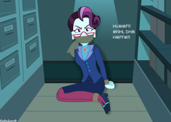Size: 1058x756 | Tagged: safe, artist:robukun, derpibooru import, principal abacus cinch, equestria girls, bondage, bound and gagged, cloth gag, female, gag, muffled words, solo, tied hands, tied up, vertical file cabinet