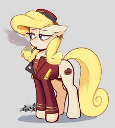 Size: 828x922 | Tagged: artist needed, source needed, safe, oc, oc only, oc:belle hop, earth pony, pony, cigarette, clothes, ear down, female, gray background, hat, lidded eyes, mare, mouth hold, simple background, smoking, solo