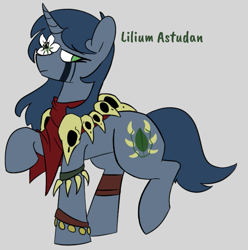 Size: 657x663 | Tagged: safe, artist:aripegio del mandolino, oc, oc only, oc:lilium astudan, pony, unicorn, back hoof raised, curved horn, flower, flower in hair, gray background, horn, lidded eyes, lily (flower), looking back, raised hoof, raised leg, shoulder cape, simple background, skull, solo, tribal marking