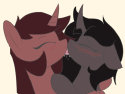 Size: 345x259 | Tagged: safe, artist:aripegio del mandolino, oc, oc only, oc:aripegio del mandolino, pony, unicorn, curved horn, ear down, female, females only, french kiss, horn, kissing, mare, picture for breezies, simple background, tongue, tongue out, white background